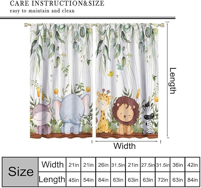 YCness Forest Animal Curtains, Watercolor Wild Animal Bear Fox Deer Kids Window Treatments for Living Room Bedroom, Green Woodland Tree Kids Drapes 2 Panel Sets,42x45 Inch