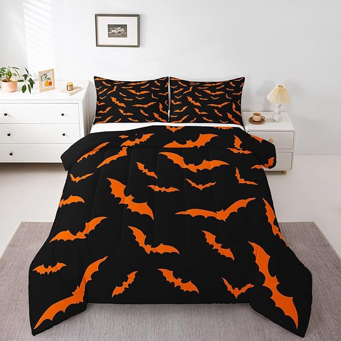 Erosebridal Happy Halloween Quilt Toddler Size for Kids Boys Bats Animal Silhouette Comforter Set Orange Bats Animal Bedding Set Gothic Spooky Down Comforter with 1 Pillow Case