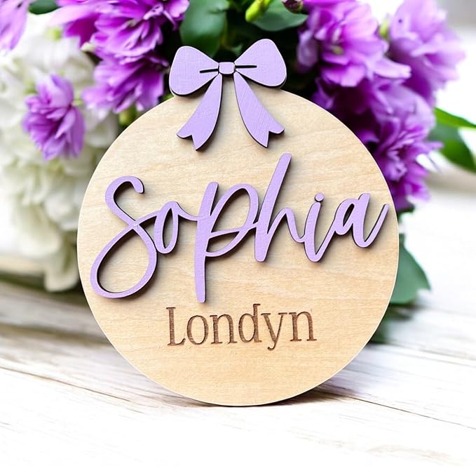 Personalized Bow 3D Baby Girl Name Announcement Sign – Custom Newborn Birth Stats – Hospital Photo Prop – Multiple Sizes & Fonts – 30 Color Options (Name Sign + Stat Sign Bundle)