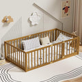 LLS Twin Size Floor Bed with 21.6" High Fence for Kids Boys Girls, Solid Wood Multifunctional Montessori Bed Frame with Door, Without Slats, Light Espresso