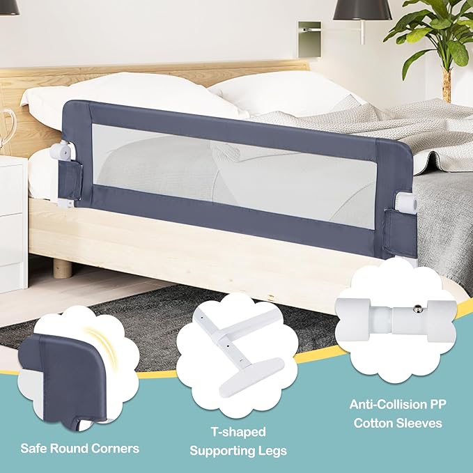 BABY JOY Double Sided Bed Rail Guard, 2 Pack, Extra Long, Swing Down for Convertible Crib, Folding Baby Safety Bedrail for Kids Twin Full Size Queen King Mattress, Rails for Toddlers (Dark Blue, 60")