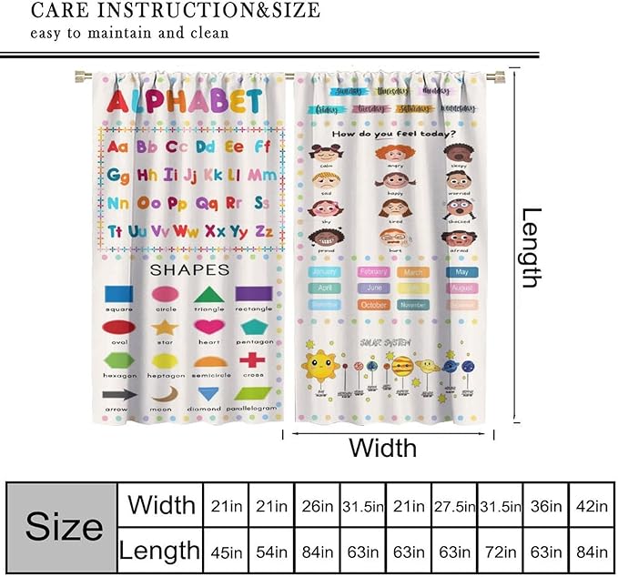 Kids Educational Alphabet Cartoon Curtain Solar System Shapes Cute Knowledge Printed Rod Pocket Blackout Window Drapes for Todders Nursery Baby Bedroom Living Room 42" W X 63" L