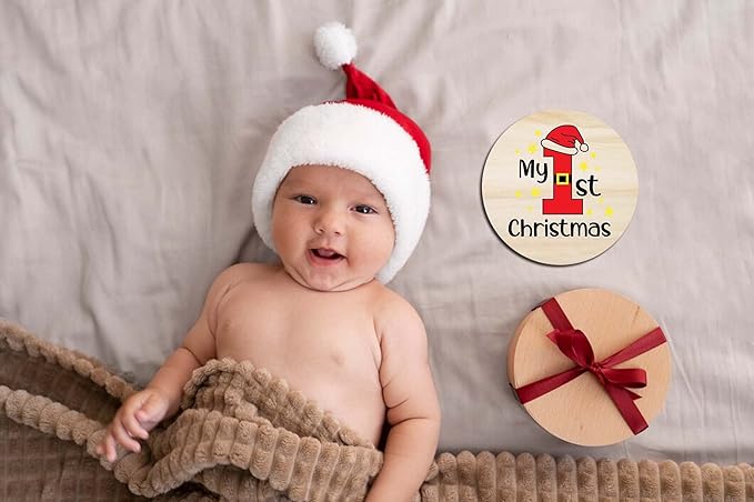 Baby First Holiday Milestone Cards, 7 Pack Double Sided Wooden Baby Milestone Signs for Newborn Girl or Boy, Baby Shower Cards Come with Organza Gift Bag (First Special Moments)