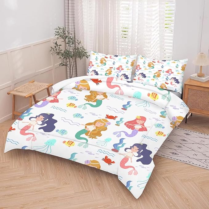 kxry Little Mermaid Princess Comforter Set Twin Size Fairy Tale Sea Shell Grass Bedding Sets for Girls Teens Kids Soft Microfiber Lightweight Comforter Set with 1 Comforter + 1 Pillow Case