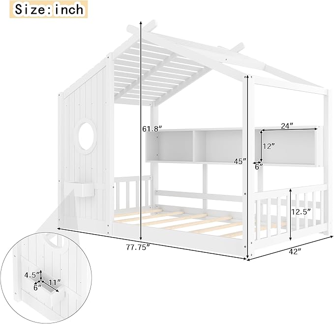 Twin Size Floor House Bed with Roof and Window for Kids, Wooden Playhouse Bed with Storage Shelves for Bedroom Furniture Girls & Boys (White/L2, Twin)