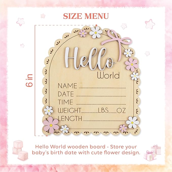 Baby Announcement Sign with Stand & Marker – Hello World Wooden Name Plaque for Newborn Photoshoot, Baby Shower, Rustic Keepsake Birth Stat Sign for Hospital Birth Announcement (Daisy)