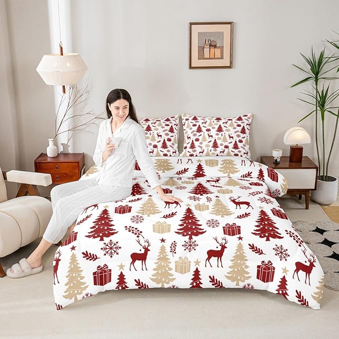 Feelyou Christmas Comforter Set All Season Xmas Tree Bedding Set with 2 Pillow Cases Reindeer Microfiber Kids Full Bedclothes Snowflake Gift Bedroom Decor Duvet Quilt Breathable Soft Lightweight