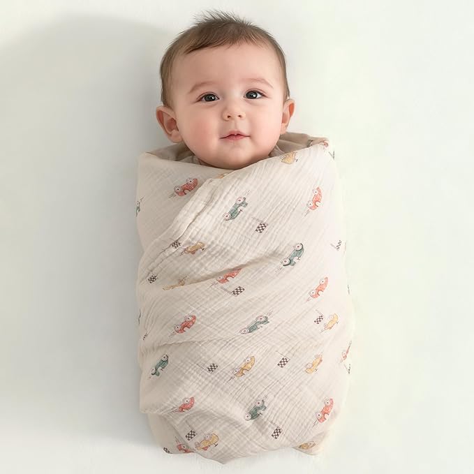 NTBAY 2 Layer Muslin Cotton Baby Swaddle Blanket, 42x60 Soft and Breathable Receiving for Newborns and Infants, Perfect for Crib, Stroller, Travel, Lightweight Nursery Blanket, Retro Race Car