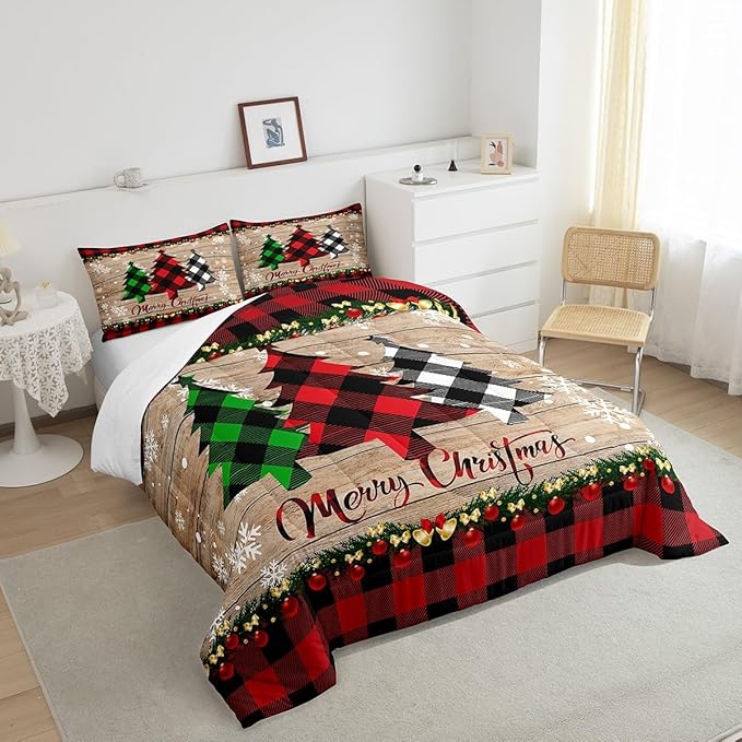 Manfei Plaid Tree Comforter Set King Size, Wooden Stripe Print Bedding Set 3pcs for Kids Boys Girls Bedroom Decor, Christmas Theme New Year Quilt Set with 2 Pillowcases