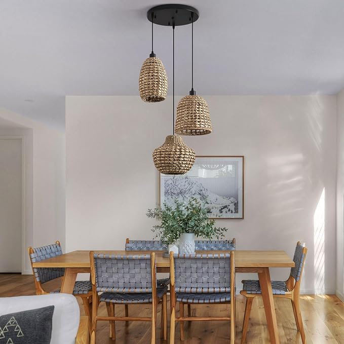 3-Light Rattan Chandelier, Boho Wicker Pendant Light Fixtures,Coastal Hand-Woven Ceiling Hanging Lights for Kitchen Island Dining Room Bedroom Farmhouse