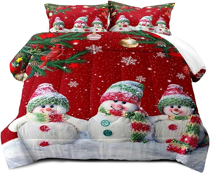 LUVIVIHOME 2PCS Merry Christmas Comforter Set Twin Size, Funny Cute Snowman Bedding, Cardinal Snowflake Xmas Christmas Bedroom Decor for Kids Girls Boys Teens, Red Quilt, 1 Pillow Case