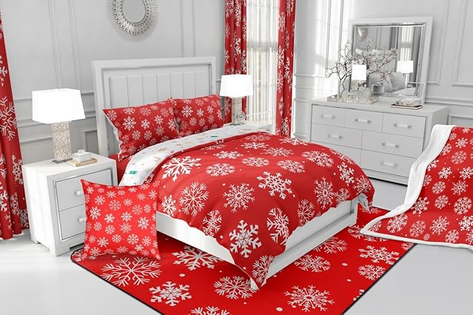Feelyou Christmas Comforter Set All Season Winter Snowflake Bedding Set with 2 Pillow Cases Xmas Festival Microfiber Kids Queen Bedclothes Snowflake Red Bedroom Decor Duvet Quilt Breathable Soft