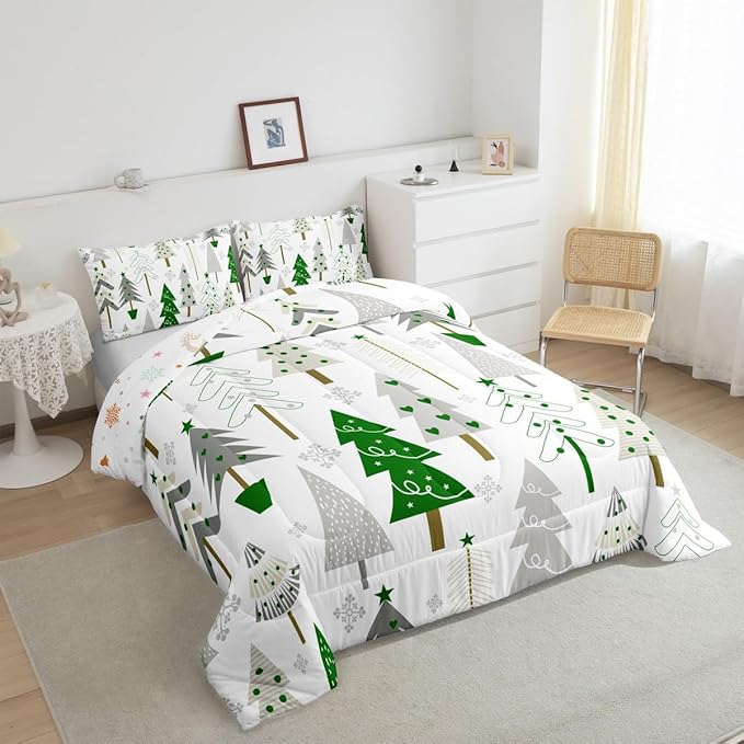 Castle Fairy Xmas Trees Full Size Comforter Set,Merry Christmas Pine Hand Drawn Bedding Comforters Bedroom Collection,Green Plant Snowflakes Winter Bedding Set for Girls Teens