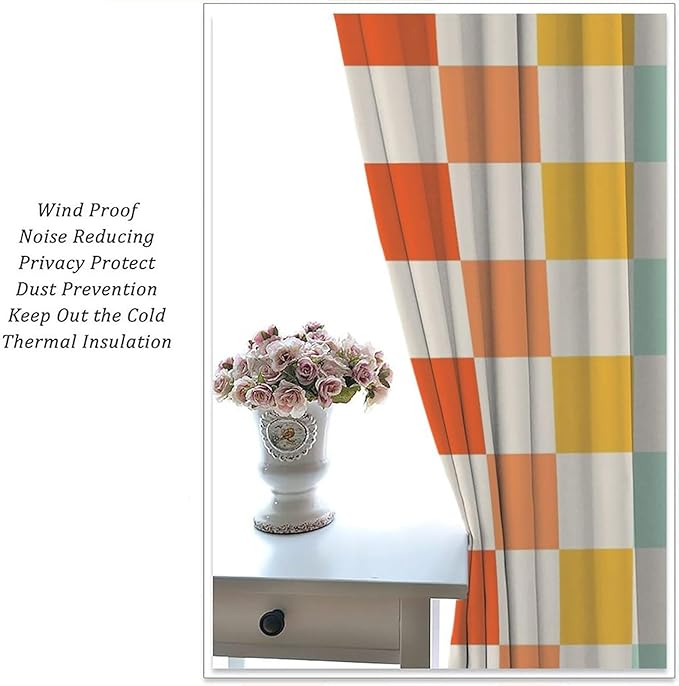 70s Retro Curtains,Cute Green Pink Yellow Checkered Hippie Window Treatments for Kids Girl Bedroom Window 84"" W X 84"" L, Style-7