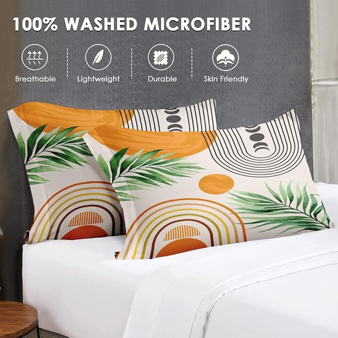 7 Pcs King Size Comforter Set with 2 Pillowcases & 2 Shams, Contemporary Mid Century Bedding for Kids and Adults, Rainbow Sun Boho Geometric Bed in a Bag with Flat Fitted Sheet