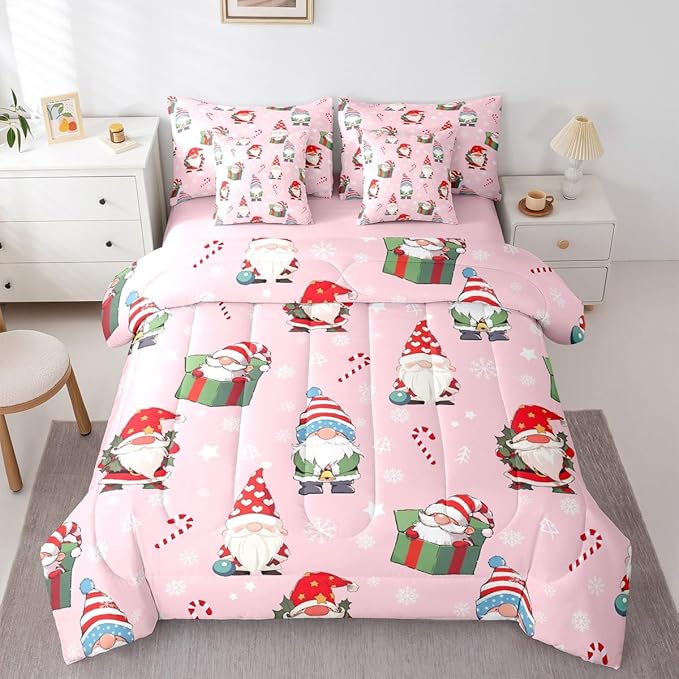 Feelyou Christmas Gnomes Queen Comforter Set with Sheets for Kids Boys Girls Cute Snowflakes Candy 7 Pieces Bedding Set Santa Claus Bed in a Bag Reversible Xmas Pink Decor Room Decor Soft Lightweight