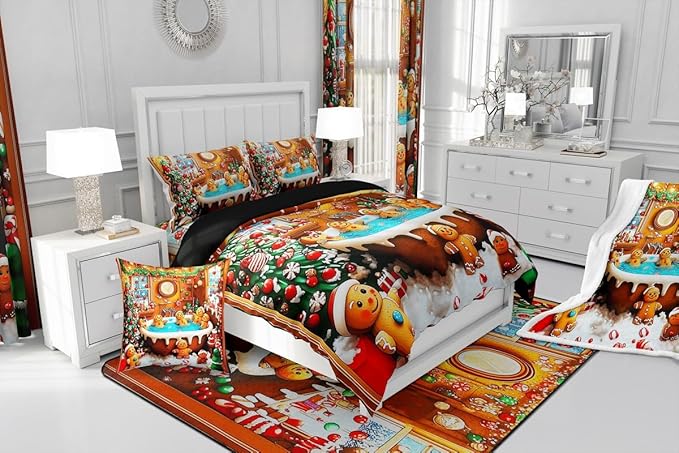 Feelyou Kids Christmas Gingerbread House Duvet Cover, Funny Gingerbread Man Bedding Set Queen Size, Merry Christmas Comforter Cover