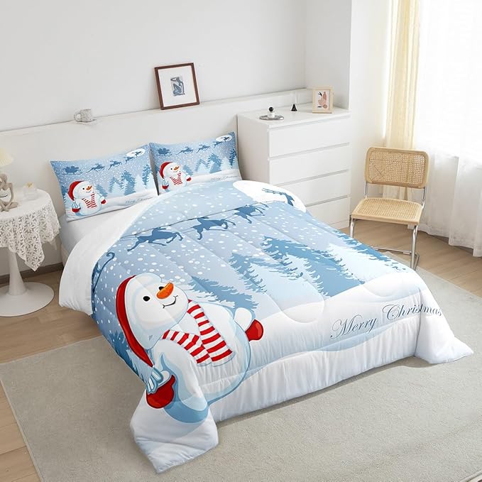 Manfei Snowman Comforter Set Twin Size, Xmas Deer Trees Print Quilt Set with 1 Pillowcase, Winter Snowflake Merry Christmas Bedding Set 2pcs for Kids Boys Girls Bedroom Decor