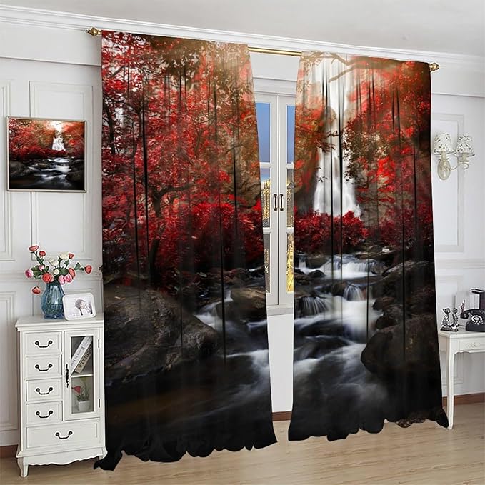 Nature Waterfall Blackout Curtains, Autumn Waterfall Romantic Forest Landscape Print Rod Pocket Window Drapes, for Bedroom Living Room 63" W X 72" L