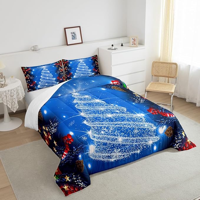 Feelyou Kids Merry Christmas Decorations Comforter Set, Kids Santa Tree Bedding Set Queen Size for Boys Girls Teens Xmas Christmas Bell Decor Comforter Glitter Blue Quilt Set