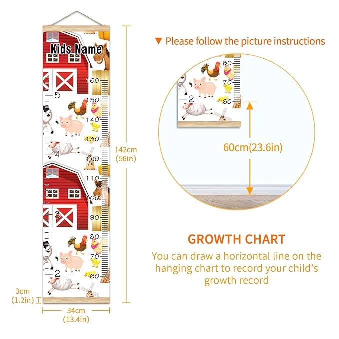 Personalized Kids Name Growth Chart Ruler for Wall Wood Frame Height Measure Chart 13.4x56 in Linen Hanging Height Growth Chart Farm Animals Horse Red Barn Kids Room Decor