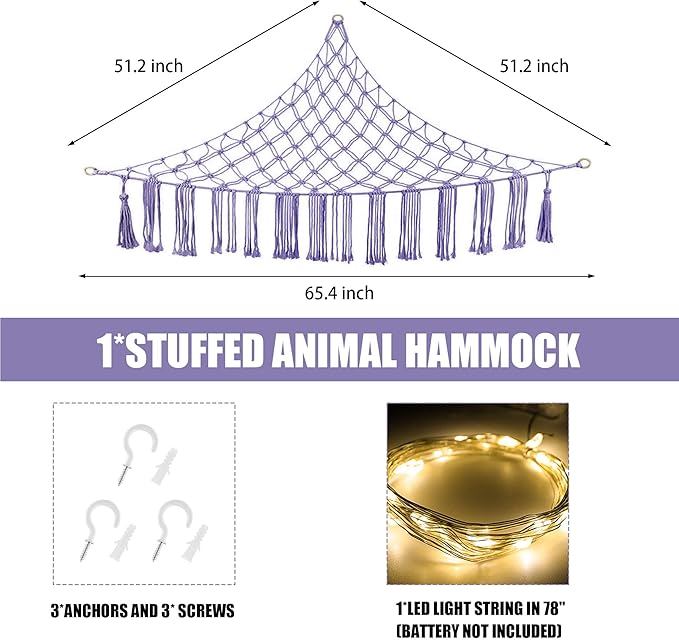 Stuffed Animal Hammock with LED Light, Large Stuffed Animals Storage Corner Plushie Net for Kids Room Decor, Jumbo Purple