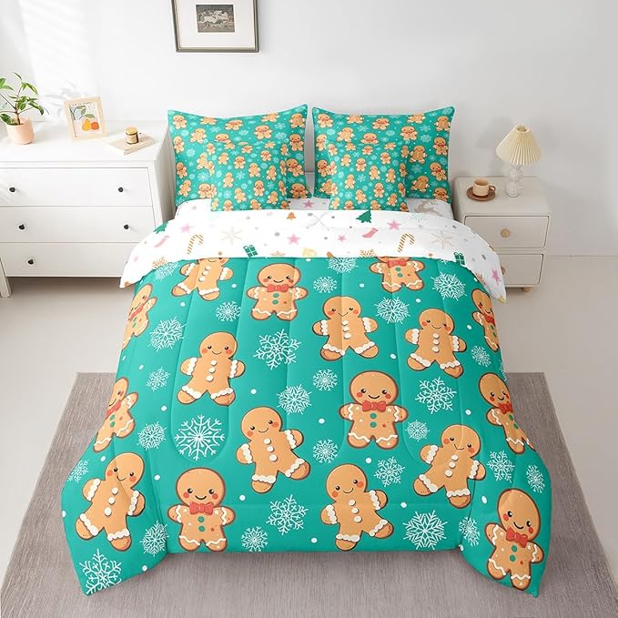 Erosebridal Christmas Gingerbread Full Bedding Set 7 Piece,Cute Gingerbread Man Bed in A Bag for Kids,Xmas Snowflake Comforter Set Kawaii Xmas Sheet Set with Comforter,Green Christmas Decoration