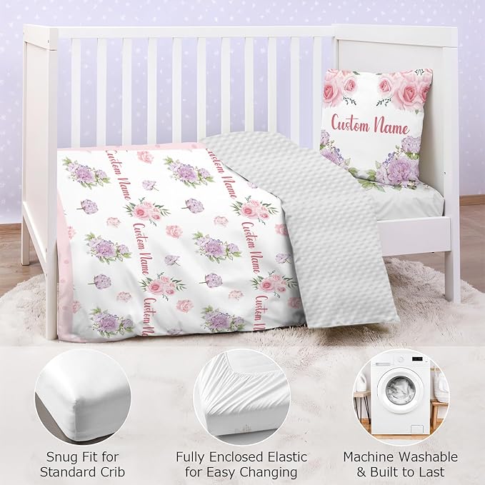 Personalized Baby Crib Bedding Set,3 Piece Custom Name Nursery Set with Blanket, Fitted Sheet & Pillowcase for Baby Girls & Boys, Floral Theme(Fixed Size)