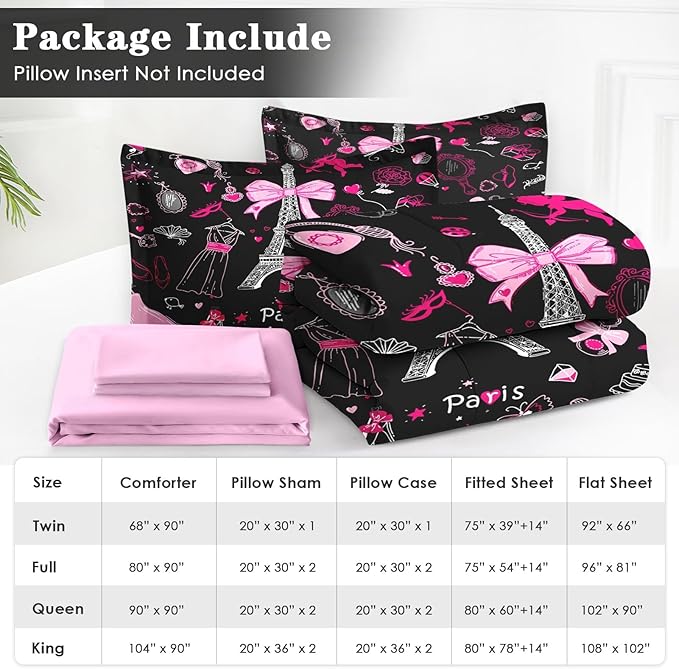 7 Pcs Full Size Comforter Set with 2 Pillowcases & 2 Shams, Paris Eiffel Tower Bedding for Kids and Adults, Cute Pink Makeup Fashion Dress Bed in a Bag with Flat Fitted Sheet