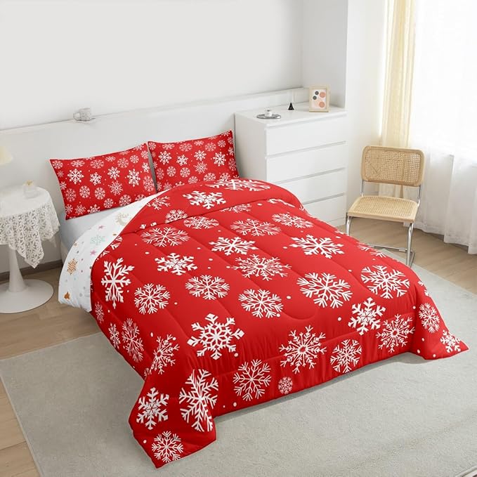 Feelyou Christmas Comforter Set All Season Winter Snowflake Bedding Set with 1 Pillow Cases Xmas Festival Microfiber Kids Twin Bedclothes Snowflake Red Bedroom Decor Duvet Quilt Breathable Soft