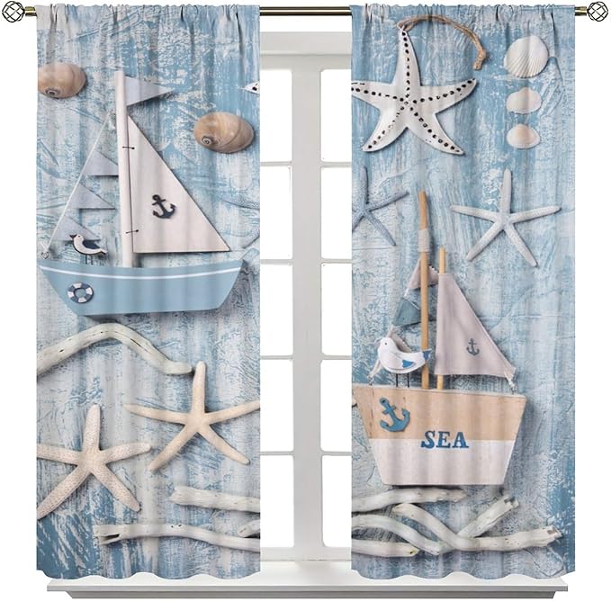Nautical Curtain,Navy Anchor Sailing Map Starfish Seashells Bedroom Curtain,Waterproof Washable Fabric for Bedroom Decor Set 2 Panels,42x63 Inches