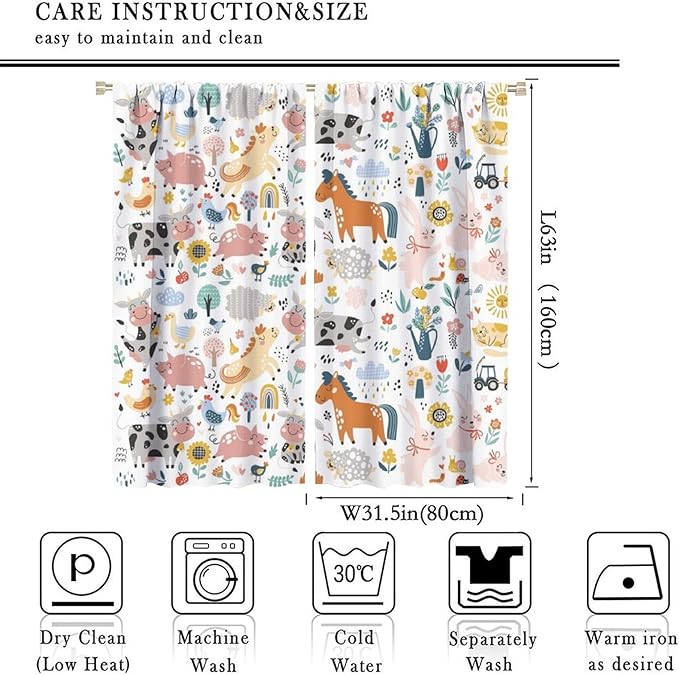 Farm Animal Curtains for Kids, Cartoon Cute Wild Animal Window Treatments Woodland Farmhouse Cow Horse Pig Window Drapes for Girls Boys Nursery Toddler Bedroom 63x63in