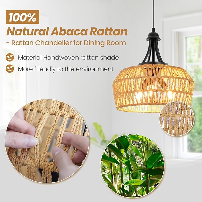 Rattan Pendant Light, 13'' Rattan Chandeliers for Dining Room, Farmhouse Chandelier Light Fixture,Hand Woven Lampshade, Rustic Chandeliers Hanging Light Fixtures for Kitchen Island,Bedroom,Hallway