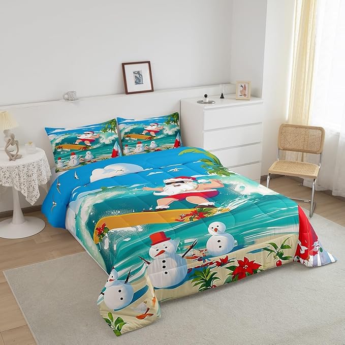 Manfei Christmas Comforter Set Twin Size, Santa Claus Surfing Theme Bedding Set for Kids Boy Girl Room Decor, Beach Snowman Down Comforter for All Season, Soft Polyester Quilt Set, 1 Pillowcase