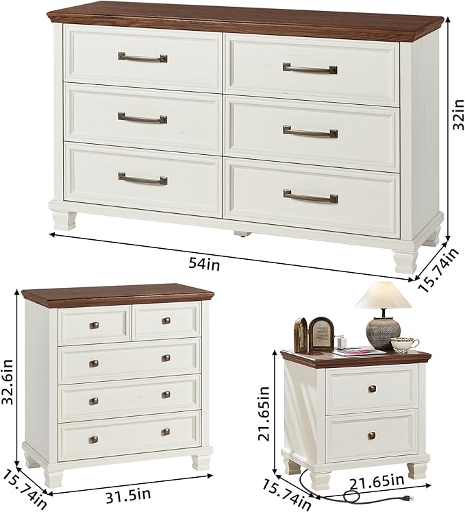 Farmhouse Bedroom Dresser and Nightstand Set of 4, 6 Drawer Low & 5 Drawers Dresser & 2 Drawer Nightstand Set, Rustic Wood Furniture Set for Bedroom, Hallway, White