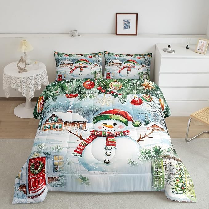 Castle Fairy Merry Christmas Comforter Set Queen Size,Watercolor Cute Snowman Pine Trees Bedding Set for Women Adult,Xmas Cartoon Decor Natural Luxury Bed Duvet Insert, 2 Pillowcases