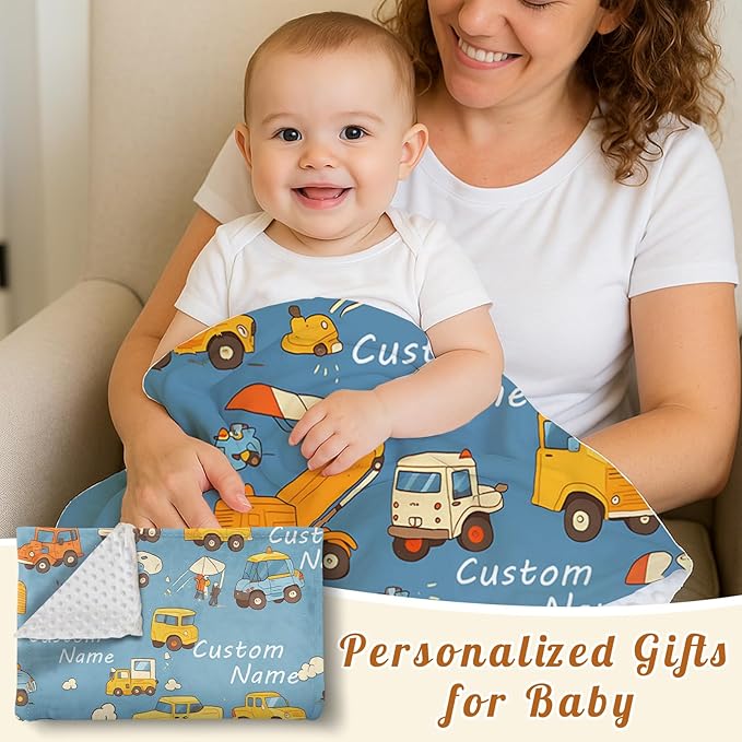 Custom Baby Blanket - Cartoon Cars Design Personalized Name Blanket, Soft Flannel Dot Infant Toddler Blanket for Boys, Customizable Nursery Bedding (30”x40)