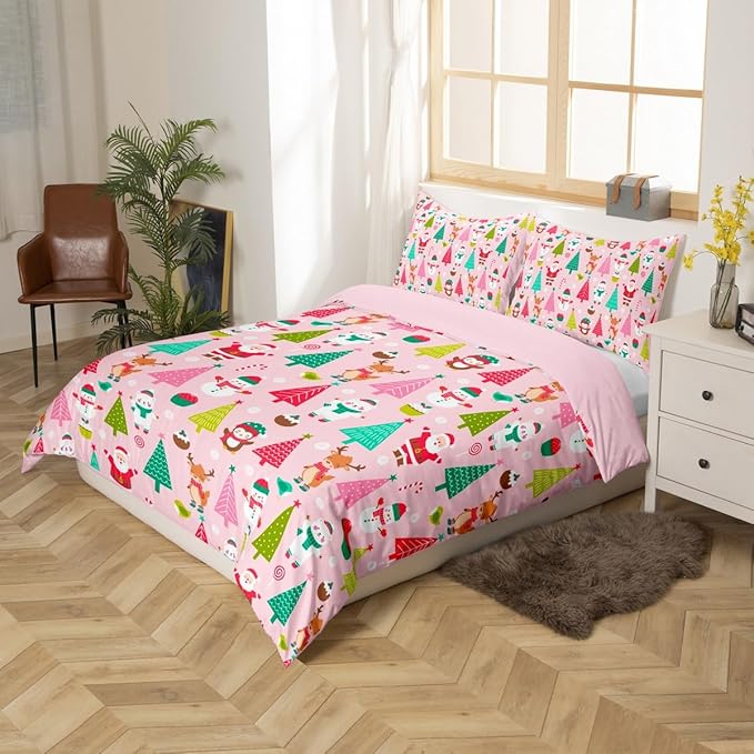 Christmas Bedding Set for Kids Boys Girls Cute Santa Claus Deer Comforter Cover Set Pink Christmas Tree Duvet Cover Bedroom Decor Kawaii Xmas Theme Bedspread Cover Full Size Bedding Collection 3Pcs