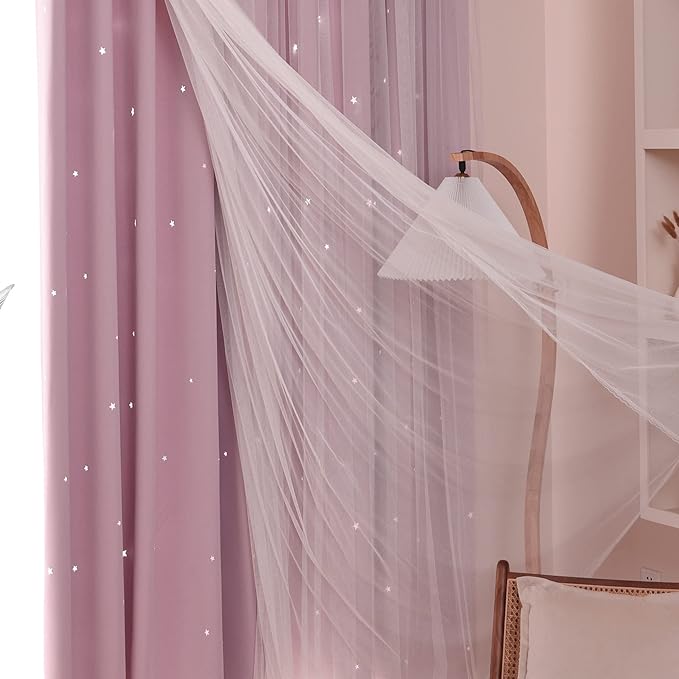 Kinryb Princess Curtains for Girls Bedroom with Sheer Overlay,Double Layer Curtain for Living Room with Star Cutout, Curtains for Kids Room (52 W*63 L Inches,2 Pcs Pink)