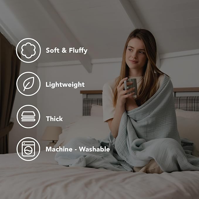 Goqan Throw Blanket 55x60 – 100% Cotton 4 Layer Boho Muslin Blanket for Adults, Lightweight, Soft, Breathable for Bed, Couch, Picnic - Sage Green