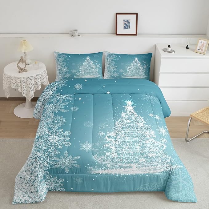Castle Fairy Merry Christmas Full Size Comforter Set,Glitter Xmas Trees Shiny Light Decor Bedding Comforters Bedroom Collection,Blue Shiny Stars Snowflake Bedding Set for Girls Teens