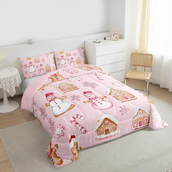 Feelyou Pink Christmas Kids Comforter Set Toddler Size Snowman Bedding Set Gingerbread Man Duvet Quilt for Kids Boys Girls Bedroom Snowflake Candy Cane Decor Microfiber Ultra Soft Breathable
