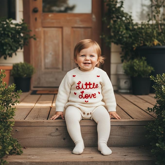 Lesimsam Newborn Baby Boy Girl Valentines Day Outfit Oversized Embroidery Long Sleeve Knit Sweater Bubble Romper Bodysuit