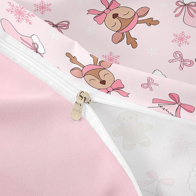 Kids Pink Christmas Bedding Set Toddler Size Merry Christmas Snowman Duvet Cover for Boys Girls Teens Bedroom Decor Santa Claus Comforter Cover Soft Microfiber Xmas Tree Deer With 1 Pillow Case