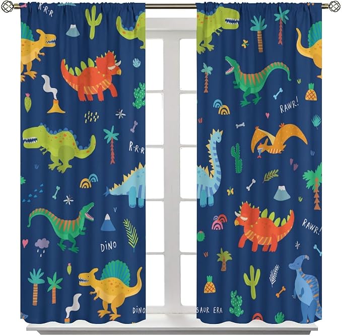 Funny Dinosaur Blackout Curtains Colorful Cartoon Animals Dino Tropical Plant Art Print for Kids Boys Bedroom Living Room Rod Pocket Decoration Window Drapes 2 Panels W21xL54in