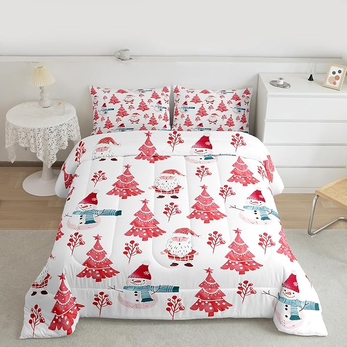 Feelyou Merry Christmas Comforter Set All Season Xmas Tree Snowman Bedding Set with 2 Pillow Cases Santa Claus Microfiber Kids Queen Bedclothes Bedroom Decor Duvet Quilt Breathable Soft