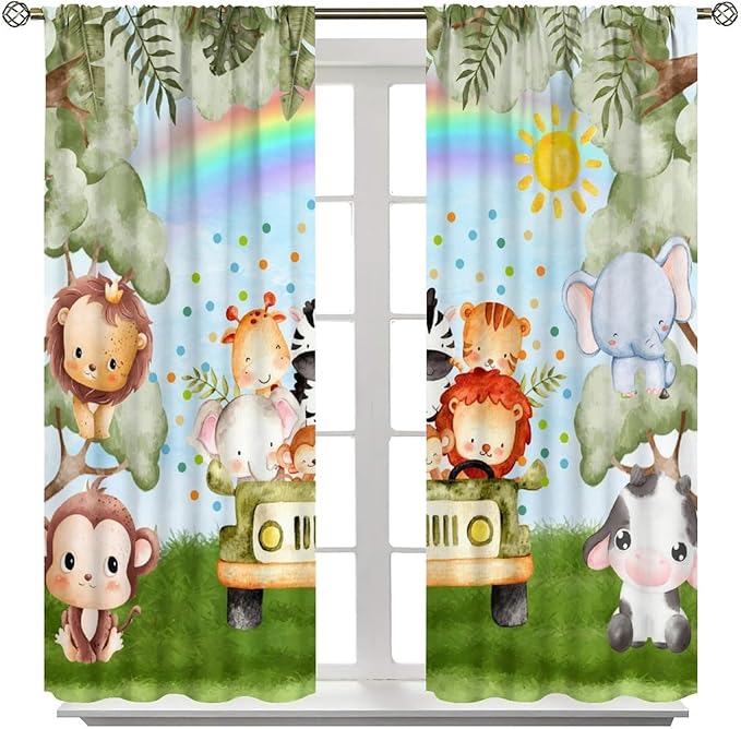 Woodland Kids Curtains Rustic Woodland Wild Animals Watercolor Forest Rainbow Sun Window Draeps for Baby Girls Boys Kids Nursery Bedroom Living Room 2 Panels, 63x72 Inch