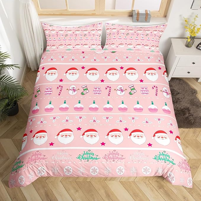 Feelyou Merry Christmas Decorative Pink Comforter Cover Toddler Size Xmas Cartoon Santa Claus Snowmen Duvet Cover Winter New Year Bedding Set Gifts for Kids Boys Girls 1 Pillow Case