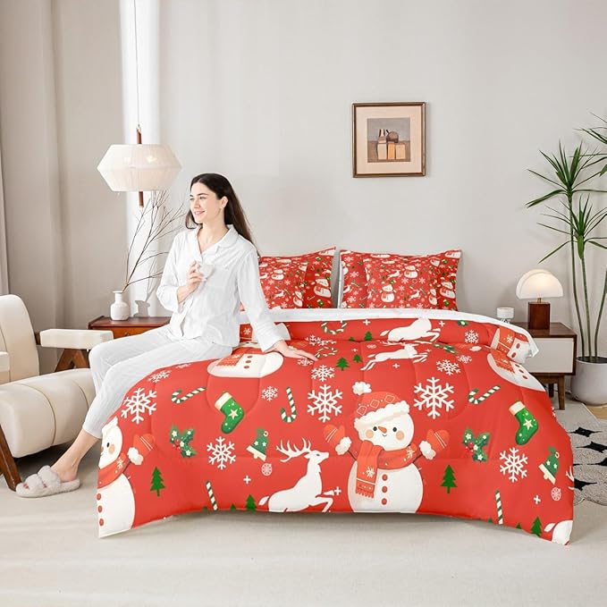 Red Christmas Comforter Set With Sheets 7 Piece Queen Size Cartoon Deer Snowman Bed in a Bag Kids Boys Girls New Year Red Bedding Set Reversible Xmas Decor Bedroom Decor Breathable Soft Lightweight