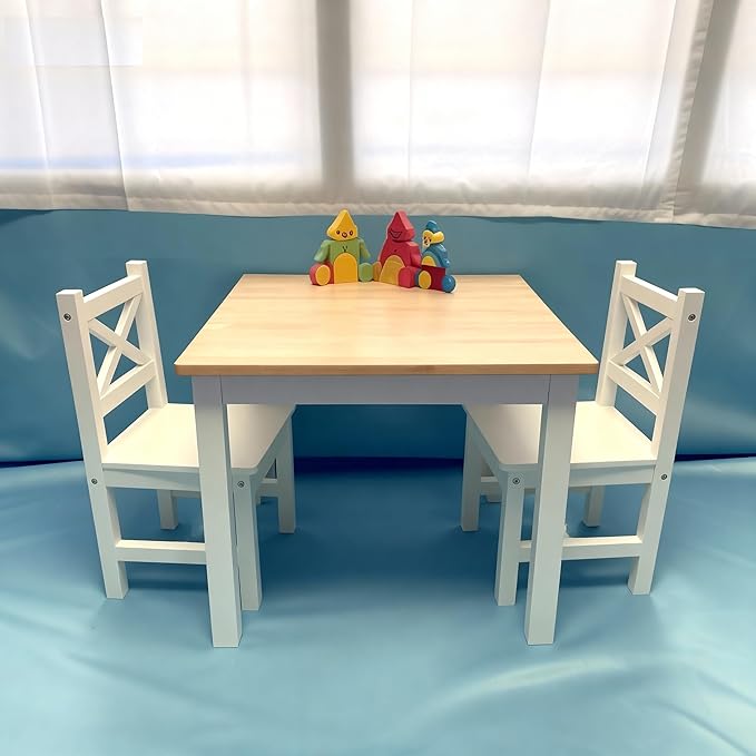 PETIT BATEAU Solid Wood Kids Table and 2 Chairs Set,Montessori Modern AMMEHOELA Irish Designer for 2-8 Years Toddler,SereneWhite Gift